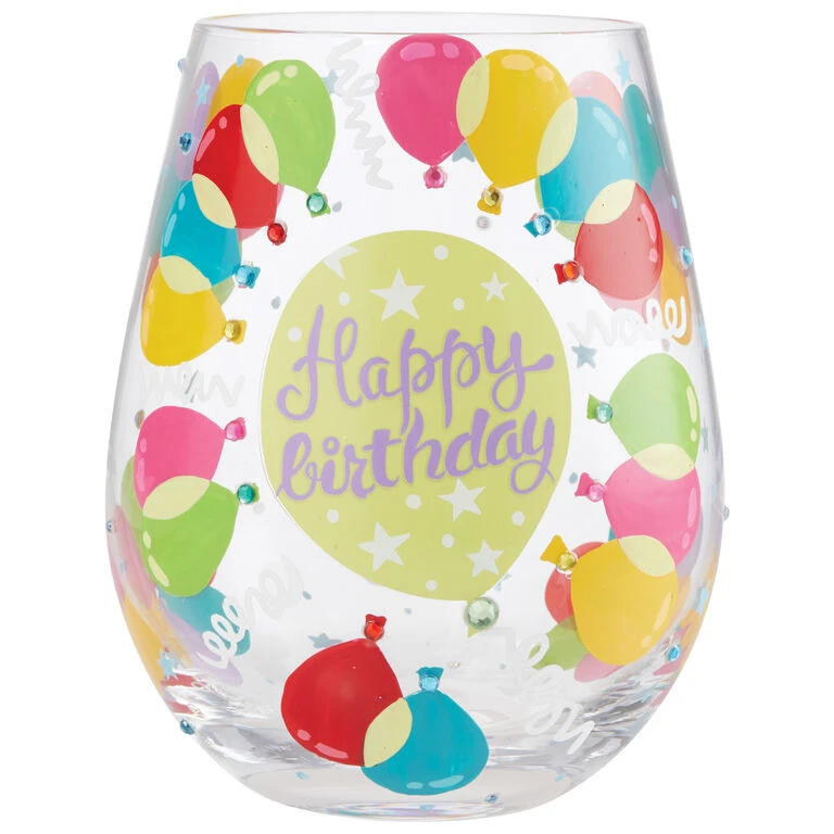 Lolita Happy Birthday Balloons Handpainted Stemless Wine Glass, 20 Oz. 1 Lolita Happy Birthday Balloons Handpainted Stemless Wine Glass, 20 Oz.